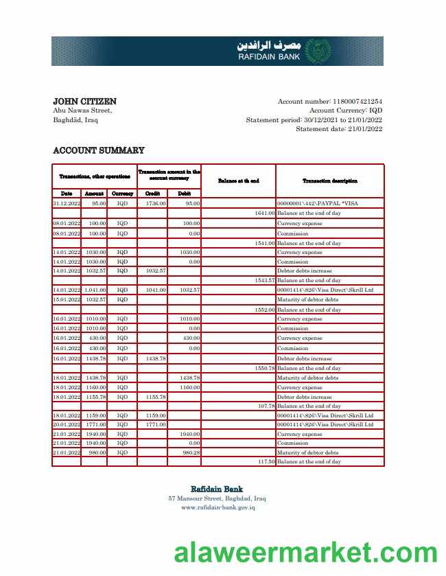 Iraq Rafidain Bank statement Excel and PDF template